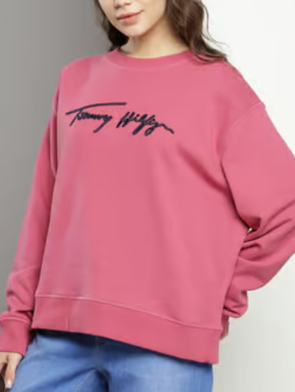 Tommy Hilfiger Rose Pink Retro Boxy Crewneck Sweatshirt Script Logo